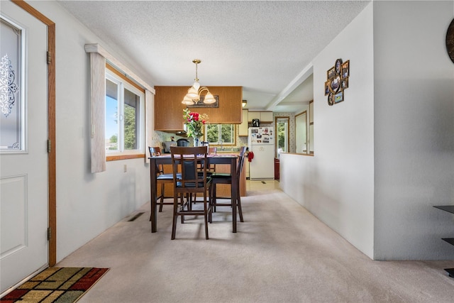 305 S Dell Dr, Havre, MT 59501 - dining space featuring light carpet, a chandelier, and a textured ceiling