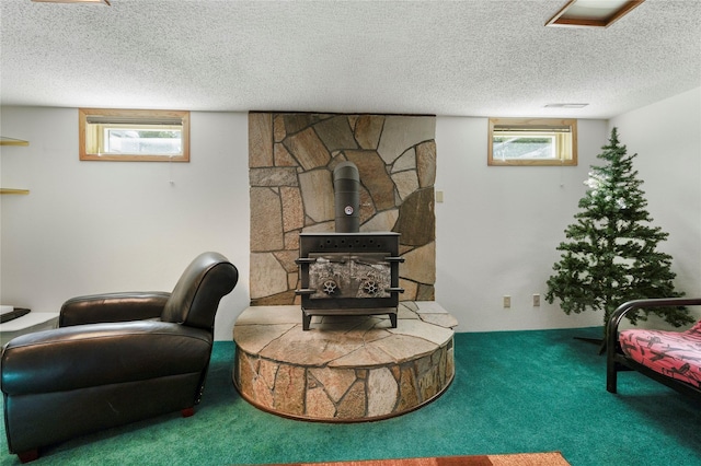 305 S Dell Dr, Havre, MT 59501 - living area with carpet floors, a wood stove, and a textured ceiling
