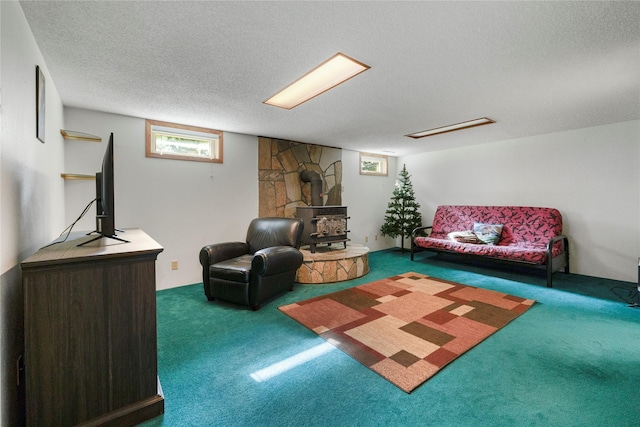 305 S Dell Dr, Havre, MT 59501 - living room featuring a wood stove, carpet flooring, and a textured ceiling