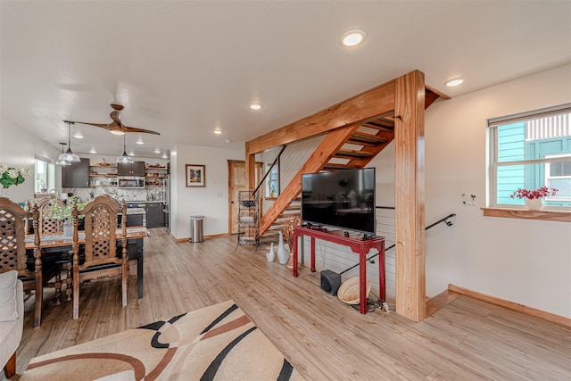620 Phillips St Unit B, Missoula, MT 59802 - living area with light wood-style floors, recessed lighting, a ceiling fan, and stairway