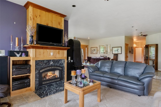 6611 Packer Creek Rd, Haugan, MT 59842 - living area with a fireplace and a ceiling fan