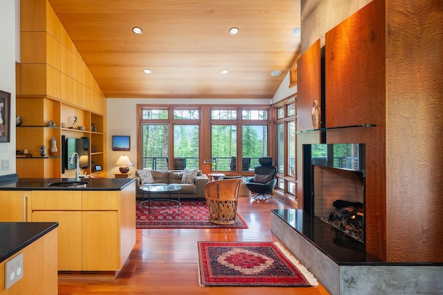 6601 Russian Joe Rd, Missoula, MT 59802 - living room with vaulted ceiling, wood finished floors, recessed lighting, wood ceiling, and a premium fireplace