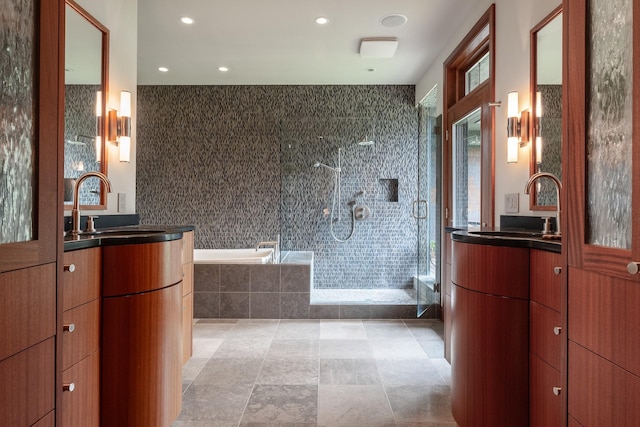 6601 Russian Joe Rd, Missoula, MT 59802 - bathroom with vanity, a shower stall, a bath, tile patterned flooring, and recessed lighting