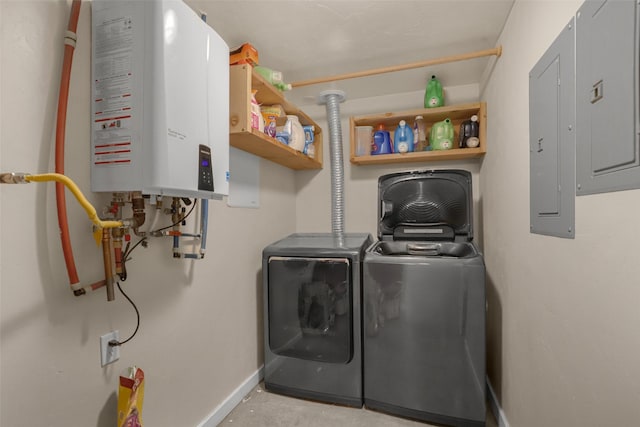 704 43rd St N, Great Falls, MT 59405 - laundry room featuring water heater, separate washer and dryer, and electric panel