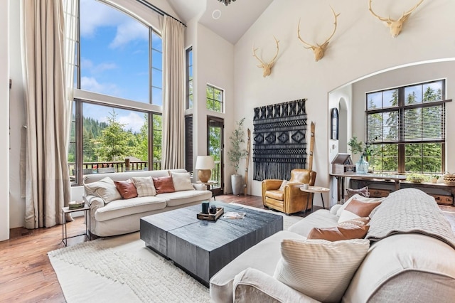 153 Slopeside Dr Unit 14, Whitefish, MT 59937 - living room featuring high vaulted ceiling, arched walkways, and wood finished floors