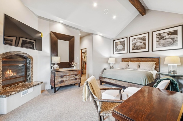 153 Slopeside Dr Unit 14, Whitefish, MT 59937 - bedroom with light carpet, recessed lighting, a premium fireplace, and a spacious closet