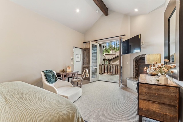 153 Slopeside Dr Unit 14, Whitefish, MT 59937 - bedroom with beamed ceiling, access to outside, carpet flooring, high vaulted ceiling, and recessed lighting
