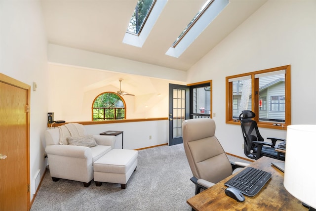183B Eagle Bend Dr, Bigfork, MT 59911 - office area with carpet floors, high vaulted ceiling, and a skylight