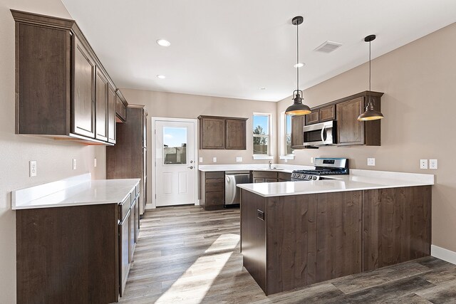 243 Stirling Loop, East Helena, MT 59635 - kitchen with stainless steel appliances, dark brown cabinets, a peninsula, wood finished floors, and light countertops
