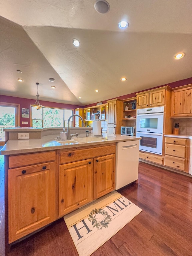 3640 Jack Dr, Missoula, MT 59803 - kitchen with white appliances, dark wood-type flooring, light countertops, open shelves, and recessed lighting