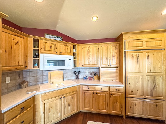 3640 Jack Dr, Missoula, MT 59803 - kitchen featuring white appliances, vaulted ceiling, open shelves, dark wood finished floors, and light countertops