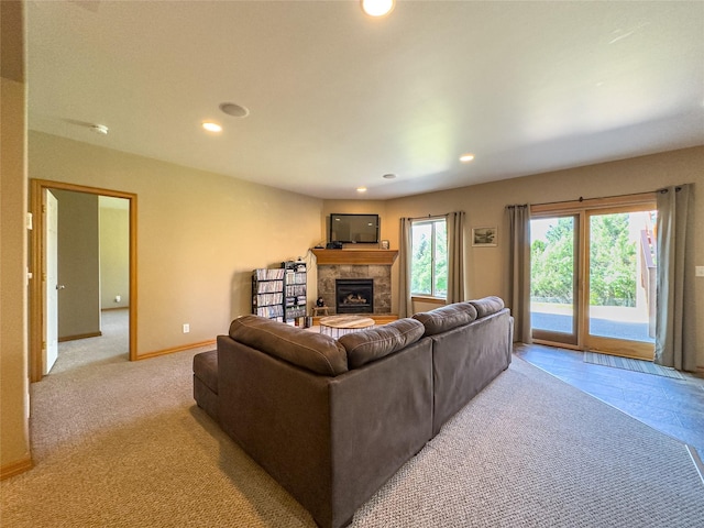 3640 Jack Dr, Missoula, MT 59803 - living room featuring a tiled fireplace and recessed lighting