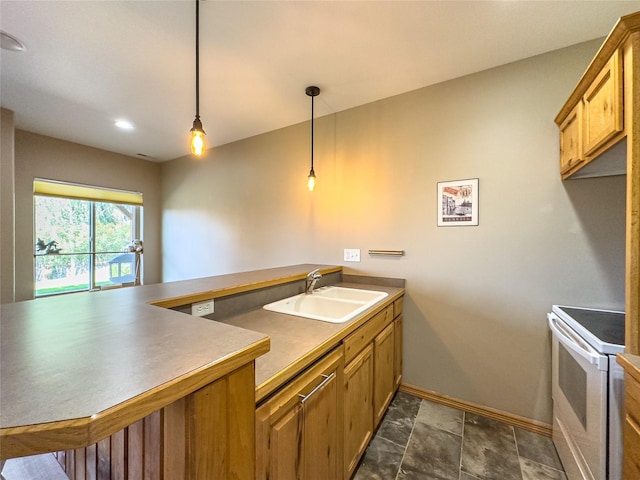 3640 Jack Dr, Missoula, MT 59803 - kitchen featuring electric stove, a peninsula, pendant lighting, brown cabinets, and recessed lighting