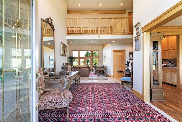 424 Saddle Ridge Rd, Hamilton, MT 59840 - entryway with a high ceiling, wood finished floors, and recessed lighting