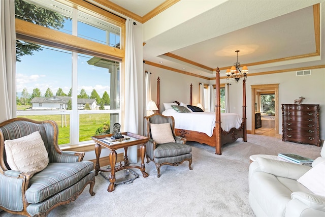 424 Saddle Ridge Rd, Hamilton, MT 59840 - carpeted bedroom featuring crown molding, a chandelier, and a raised ceiling