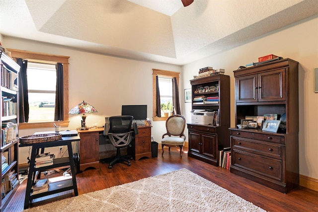 424 Saddle Ridge Rd, Hamilton, MT 59840 - home office featuring dark wood-type flooring and ceiling fan