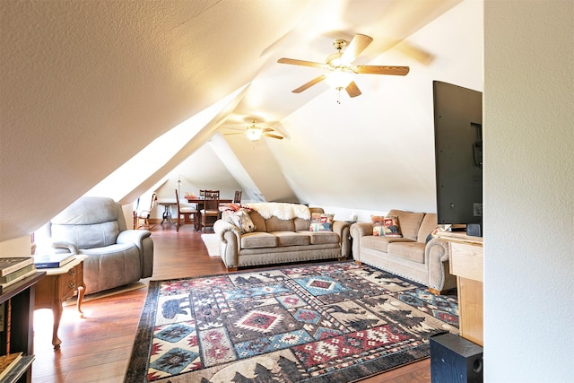 424 Saddle Ridge Rd, Hamilton, MT 59840 - living room featuring wood finished floors, lofted ceiling, and ceiling fan