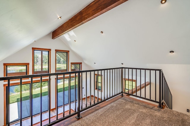 309 Stanton St, Plains, MT 59859 - hallway featuring beam ceiling, recessed lighting, high vaulted ceiling, and wood finished floors