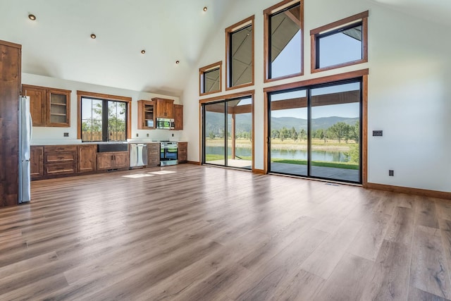 309 Stanton St, Plains, MT 59859 - unfurnished living room featuring high vaulted ceiling, light wood finished floors, and a water and mountain view