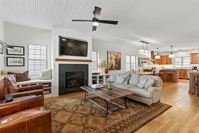 1219 Lolo St, Missoula, MT 59802 - living room with light wood-style flooring, a ceiling fan, healthy amount of natural light, wood ceiling, and a fireplace