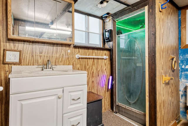2515 S Higgins Ave, Missoula, MT 59801 - bathroom with vanity, a shower with shower door, and wood walls