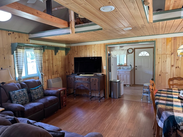 30 Idle Hour Way, Clinton, MT 59825 - living area with wood walls, wooden ceiling, and hardwood / wood-style floors
