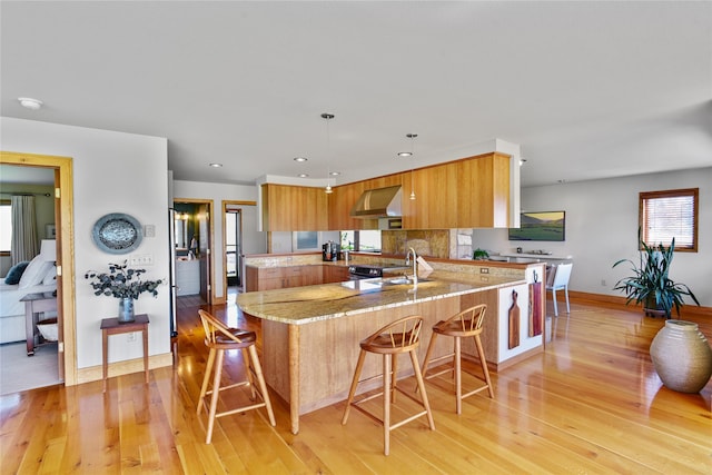 1087 Sunny Vista Rd, Helena, MT 59602 - kitchen featuring a peninsula, range hood, modern cabinets, light wood-style floors, and light stone counters