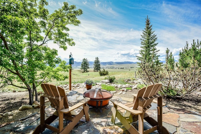 1087 Sunny Vista Rd, Helena, MT 59602 - view of patio with a fire pit and a mountain view