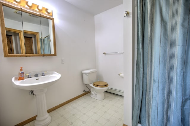 8319 Canyon Ferry Rd, Helena, MT 59602 - full bath featuring a baseboard radiator, tile patterned floors, and a shower with curtain