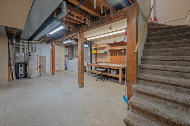 2129 E 6th Ave, Helena, MT 59601 - unfinished basement with gas water heater, stairway, and washing machine and clothes dryer