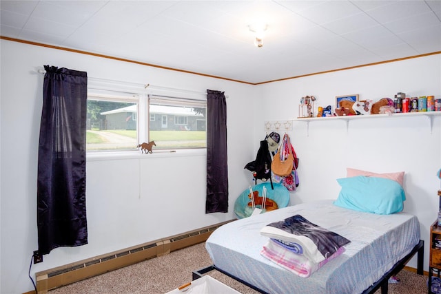 440 Dome Mountain Rd, Libby, MT 59923 - carpeted bedroom featuring baseboard heating and ornamental molding