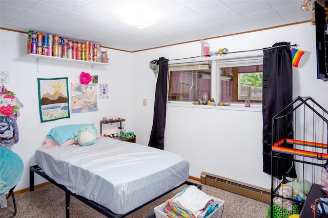 440 Dome Mountain Rd, Libby, MT 59923 - bedroom featuring carpet, a baseboard radiator, and ornamental molding