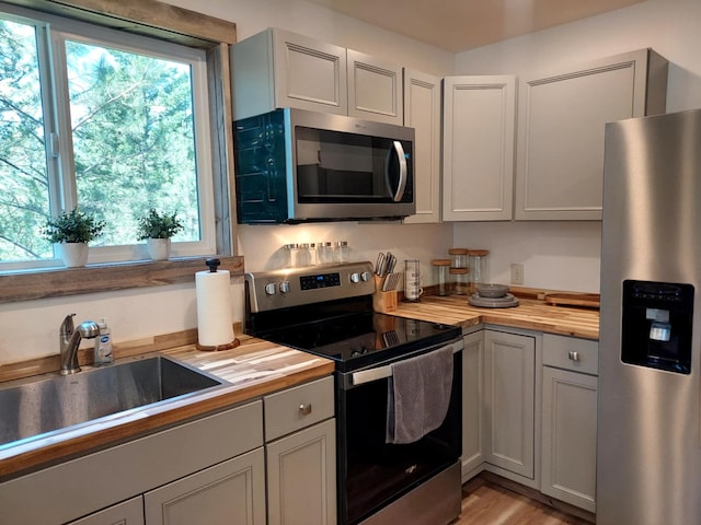 20536 Wild Horse Ranch Rd, Rollins, MT 59931 - kitchen featuring stainless steel appliances, wooden counters, plenty of natural light, and gray cabinets