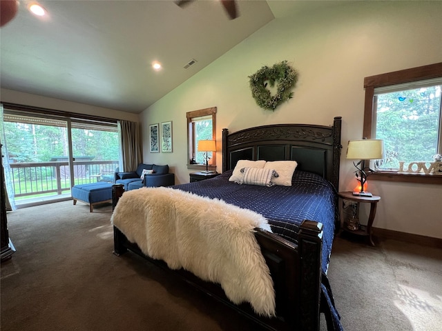 120 Chickadee Way, Whitefish, MT 59937 - carpeted bedroom featuring access to exterior, multiple windows, high vaulted ceiling, and recessed lighting