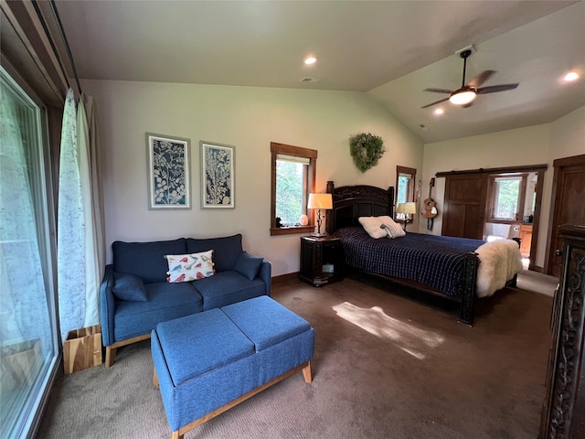 120 Chickadee Way, Whitefish, MT 59937 - carpeted bedroom featuring lofted ceiling, a ceiling fan, and recessed lighting