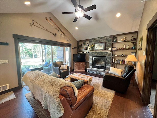 120 Chickadee Way, Whitefish, MT 59937 - living room featuring a stone fireplace, dark wood-style floors, ceiling fan, recessed lighting, and high vaulted ceiling