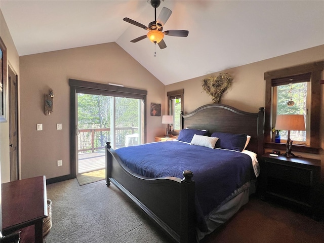 120 Chickadee Way, Whitefish, MT 59937 - bedroom with access to exterior, lofted ceiling, carpet flooring, and ceiling fan