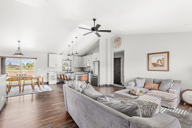 1 Arizona Rd, Great Falls, MT 59404 - living room with dark wood finished floors, ceiling fan, and high vaulted ceiling