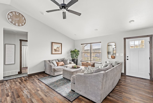 1 Arizona Rd, Great Falls, MT 59404 - living room featuring dark wood-style flooring, a ceiling fan, and high vaulted ceiling