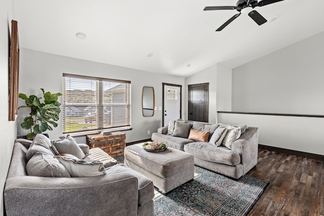 1 Arizona Rd, Great Falls, MT 59404 - living room featuring vaulted ceiling, dark wood finished floors, and ceiling fan