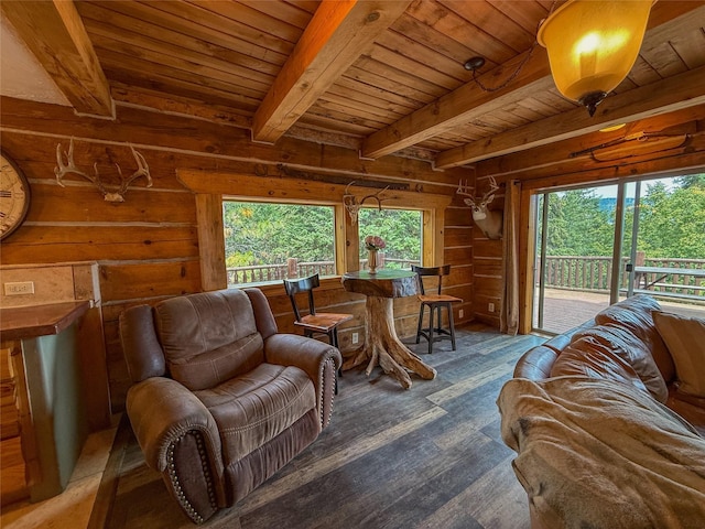 23254 Dayton Creek Rd, Proctor, MT 59929 - living room featuring a wooden ceiling with exposed beams, wood finished floors, and wood walls