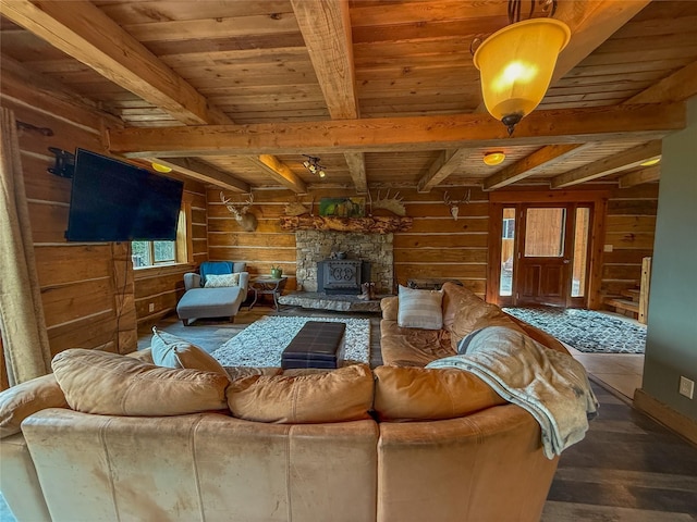 23254 Dayton Creek Rd, Proctor, MT 59929 - living room with hardwood / wood-style floors, a wooden ceiling with exposed beams, and wooden walls