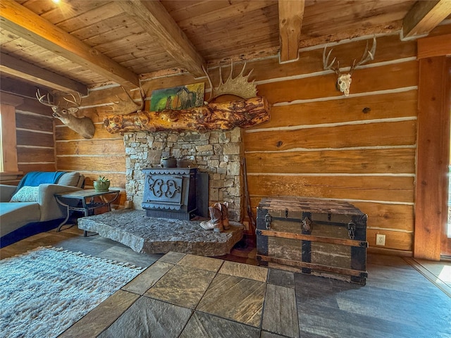 23254 Dayton Creek Rd, Proctor, MT 59929 - living area with a wood ceiling with exposed beams, wooden walls, a wood stove, and wood finished floors
