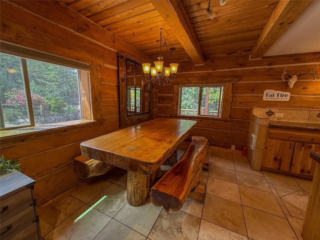 23254 Dayton Creek Rd, Proctor, MT 59929 - dining room featuring a wooden ceiling with exposed beams, wood walls, a chandelier, and light tile patterned floors