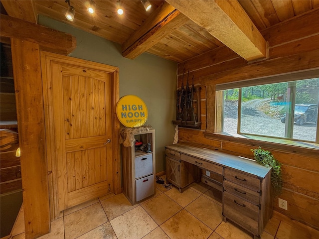 23254 Dayton Creek Rd, Proctor, MT 59929 - office with a wooden ceiling with exposed beams, light tile patterned floors, and rail lighting