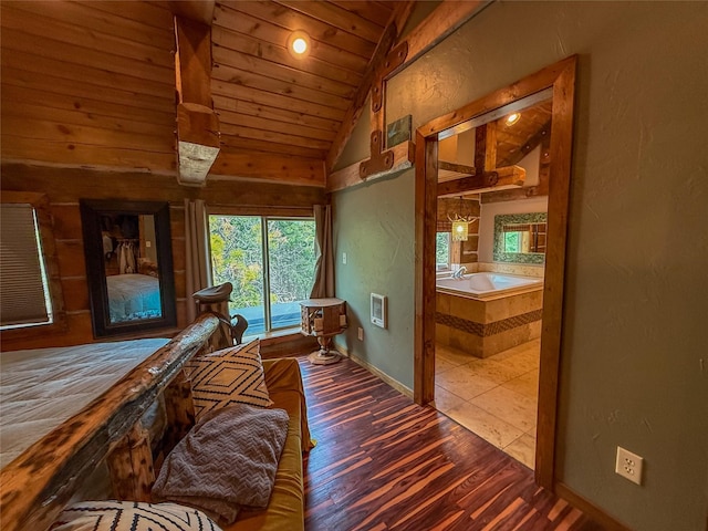 23254 Dayton Creek Rd, Proctor, MT 59929 - living area with lofted ceiling, wood finished floors, a textured wall, wooden ceiling, and heating unit