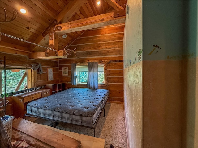23254 Dayton Creek Rd, Proctor, MT 59929 - bedroom featuring wood ceiling, wooden walls, and recessed lighting
