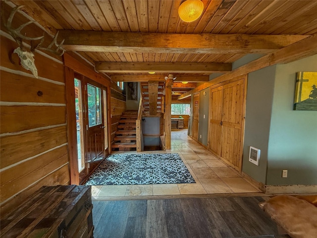 23254 Dayton Creek Rd, Proctor, MT 59929 - foyer entrance with a wooden ceiling with exposed beams, stairway, light wood-type flooring, and wood walls
