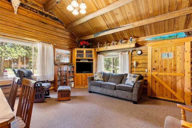 392 Leisure Ln, Sula, MT 59871 - living area featuring wooden ceiling and carpet flooring