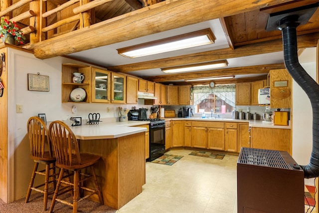 392 Leisure Ln, Sula, MT 59871 - kitchen featuring black gas range, a peninsula, under cabinet range hood, a kitchen bar, and glass insert cabinets